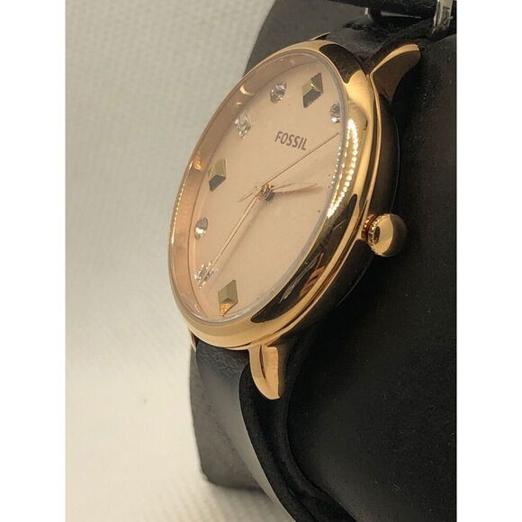 Fossil ES4473 Women's Black Leather Analog Rose Gold Dial Quartz Watch KS328 - Picture 2 of 9
